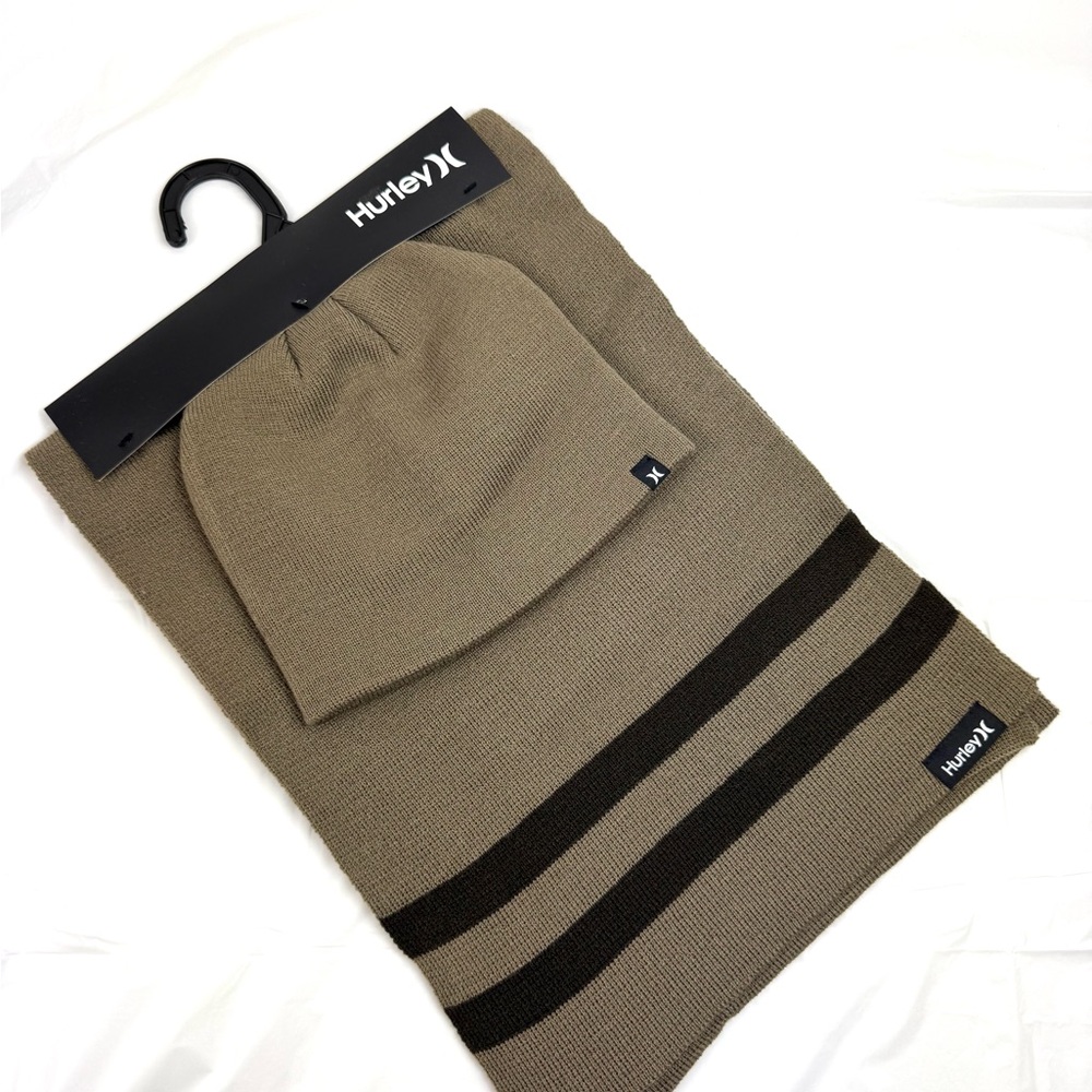NWT Hurley Brown stripe Knit Scarf and beanie set